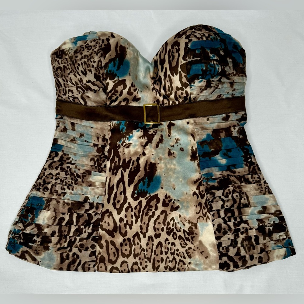 ARDEN B. SILK LEOPARD-PRINT STRAPLESS BUSTIER EUC